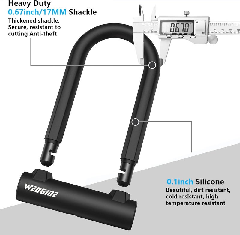 Weogine Bike U Lock with 5ft Security Cable 17mm Shackle, Bike Lock with 3 Keys and Mounting Bracket, Bicycle U-Locks Perfect for Road, Mountain, and Electric Bikes,Bicycle Lock - Image 2